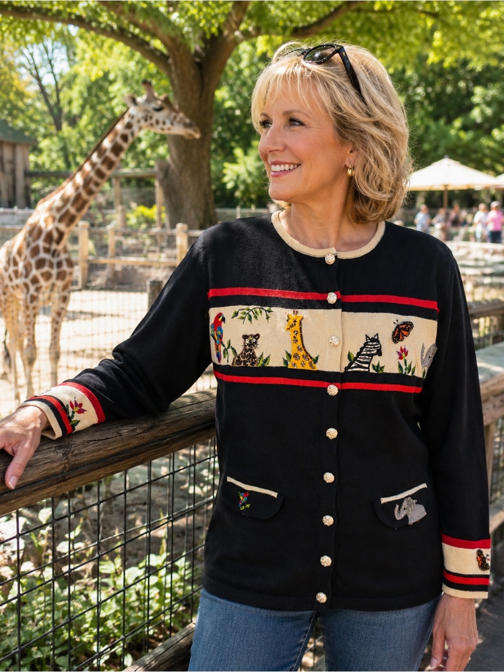 Jack B Quick Cardigan Sweater Women’s Sz L Jungle Zoo Animals